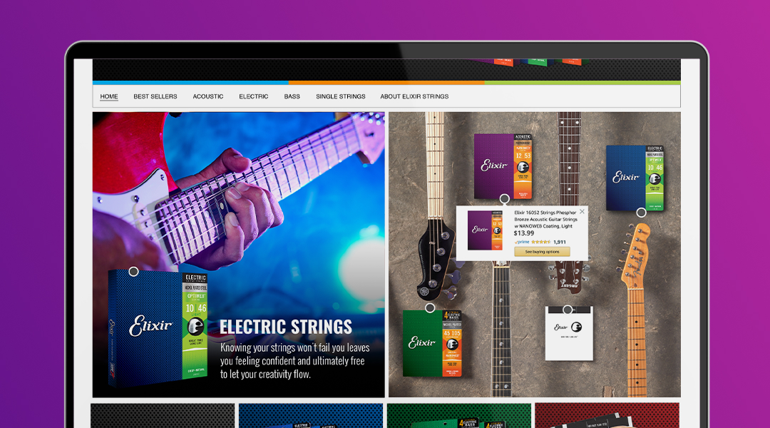 An Amazon storefront design for Elixir guitar strings, designed by BSTRO. The image features a shoppable image tile with different electric guitar strings and guitars shown. 