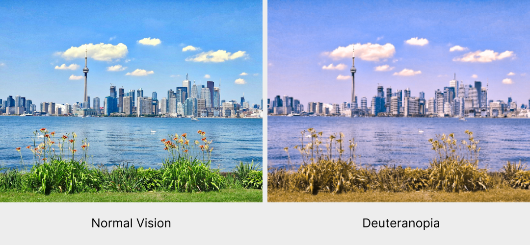 Two images of a landscape, side by side, comparing what someone with normal vision sees, and what someone with color blindness sees. 