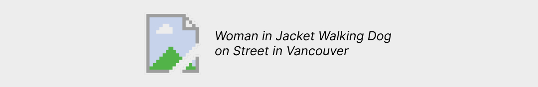 An example of how alt-text shows up when an image does not load on a website. There is an image icon on the left, and the example alt-text reads "Woman in Jacket Walking Dog on Street in Vancouver".