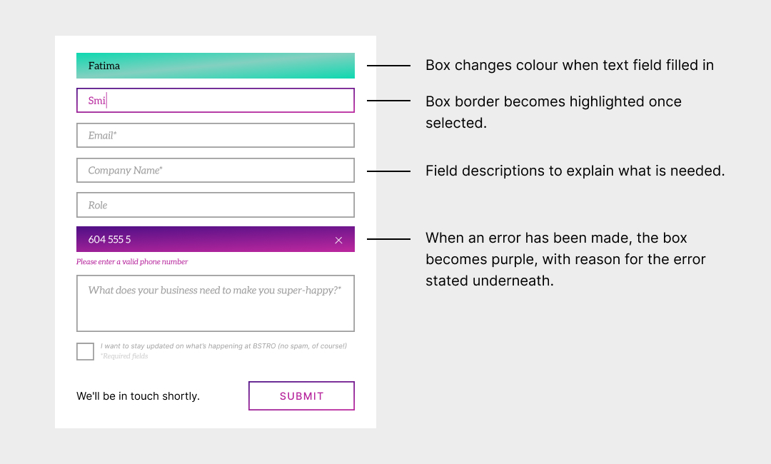 A screenshot of a website form that showcases best practices to make your form accessible. 

The image shows: 
- a first name field that changed color when the text was filled in
- the form field box changing color to highlight that it has been selected
- clear form field descriptions to explain what is needed
- a form field with an error, that has changed to a different color with a clear error message underneath